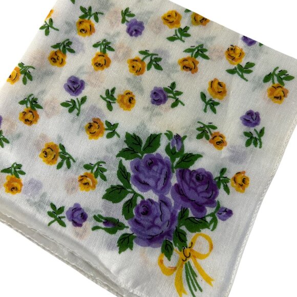 Vintage Floral Handkerchiefs Lot 2 Cotton Purple Yellow Rose Hankies I Shalom - Picture 5 of 6